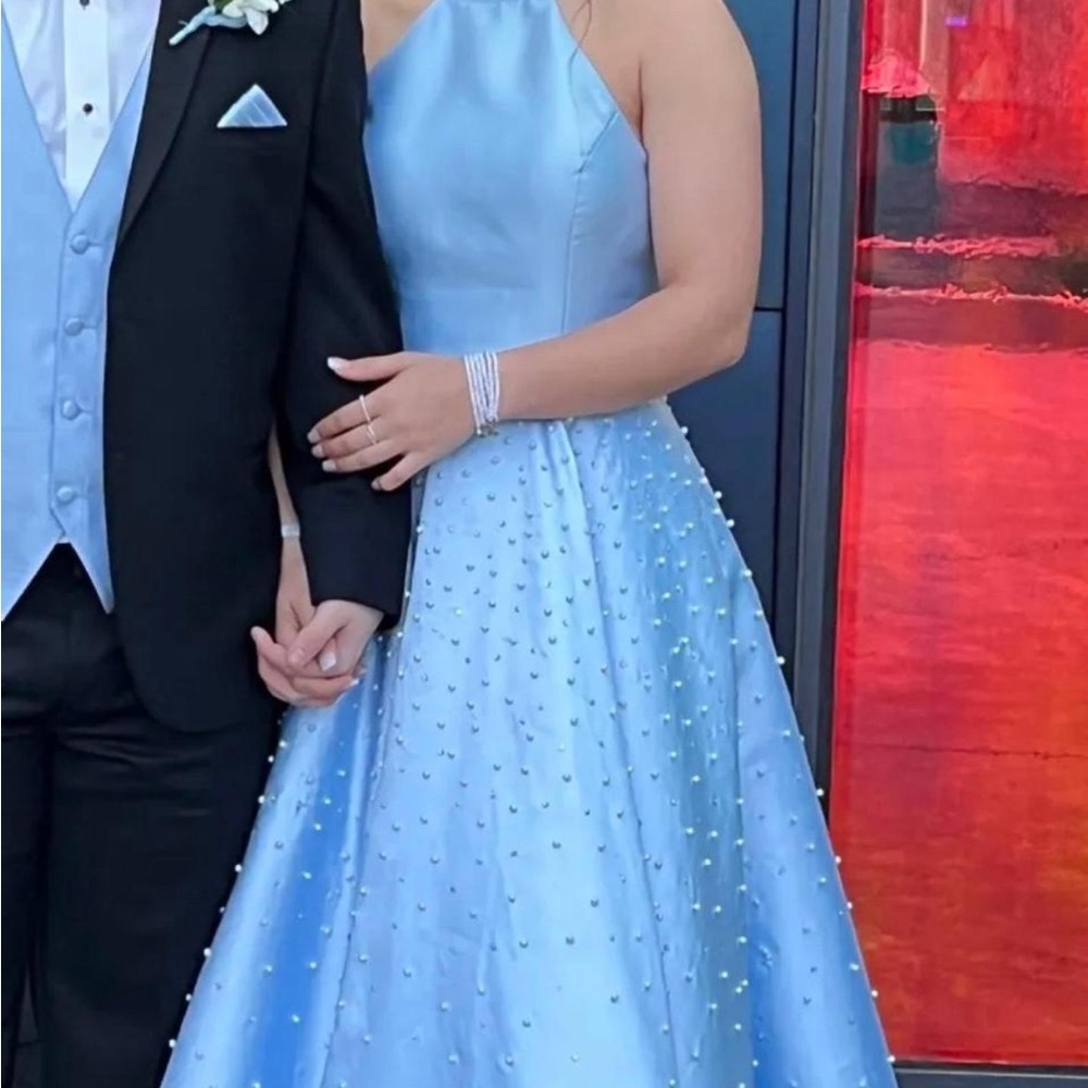 Sherri Hill Light Blue Beaded Prom Dress with pearls